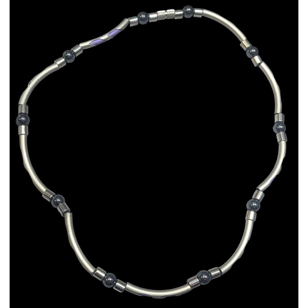 Vintage 90s Silver Tone Tube Beads With Purple Rubber Accents And Hematite Accen